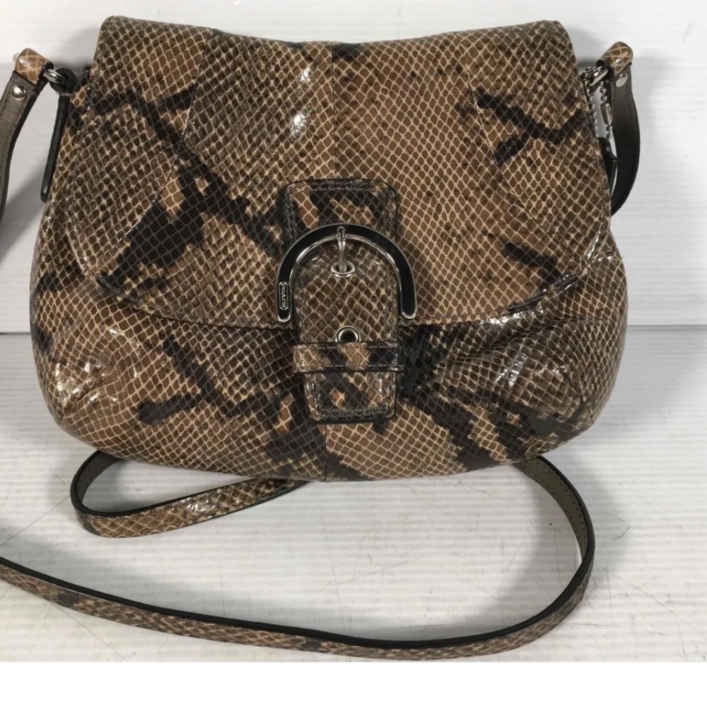 Coach Shoulder Crossbody Bag Taupe Snake Print Buckle Closure